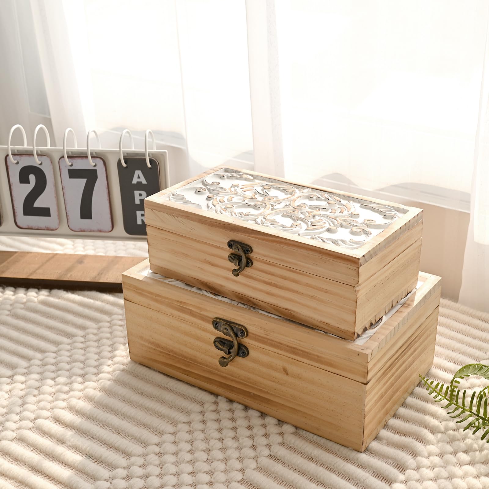 DECOR4SEASON Wooden Storage Box Set of 2 - Hand Carved Floral